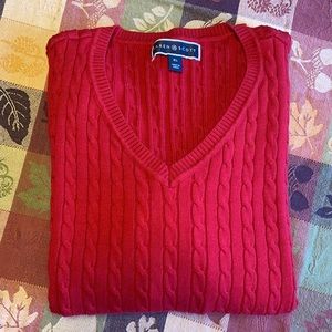 Karen Scott Cable-knit V-neck Red cotton sweater